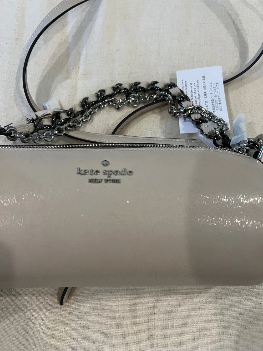 Kate Spade Light Gray Pebbled Leather Chain-Trim Crossbody